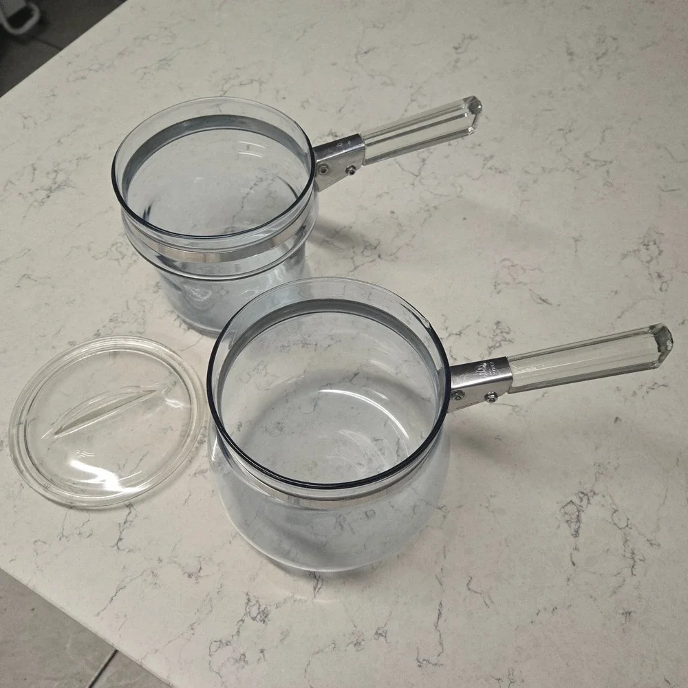 Vtg Pyrex Flameware 6762 Double Boiler Set 1 Quart 3 Piece Flame Logo 1937-1946